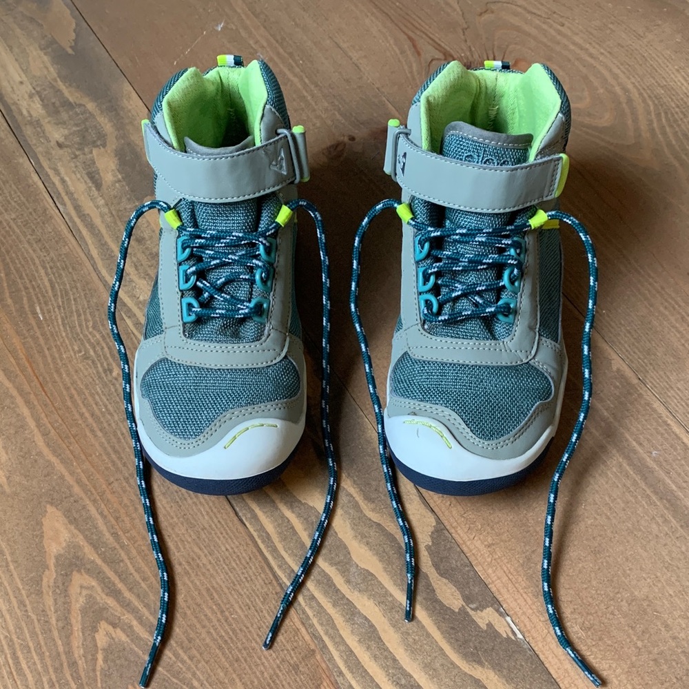 PLAE Kids Gray and Neon Green hi-top sneakers